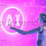 AI With 3D Rendering Humanoid Robot With Hud Graphic Interface